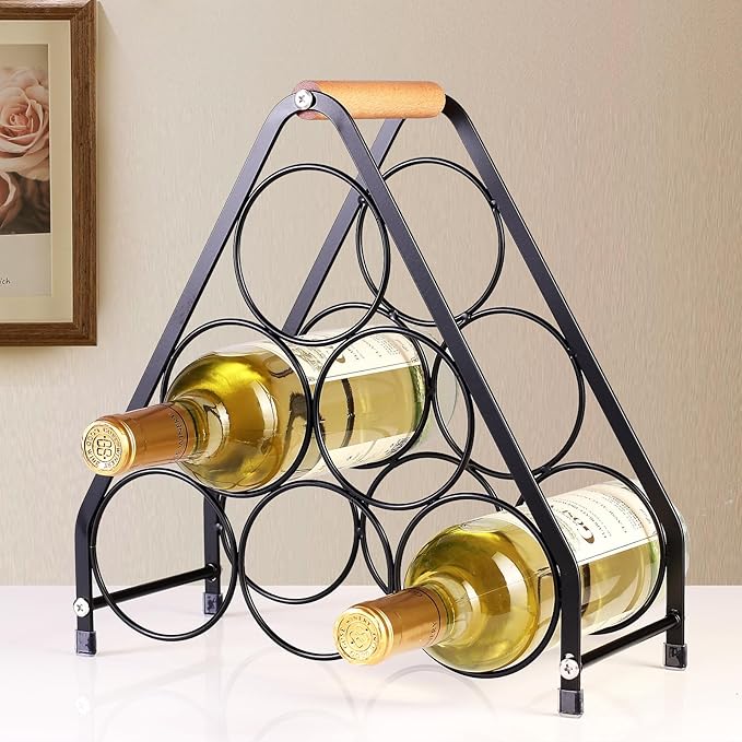 Countertop Wine Rack - 6 Bottle Freestanding Modern Gold Metal Small Wine Rack - 3 Tier Tabletop Wine Holder Stand for Cabinet, Pantry, Wine Bottle Storage