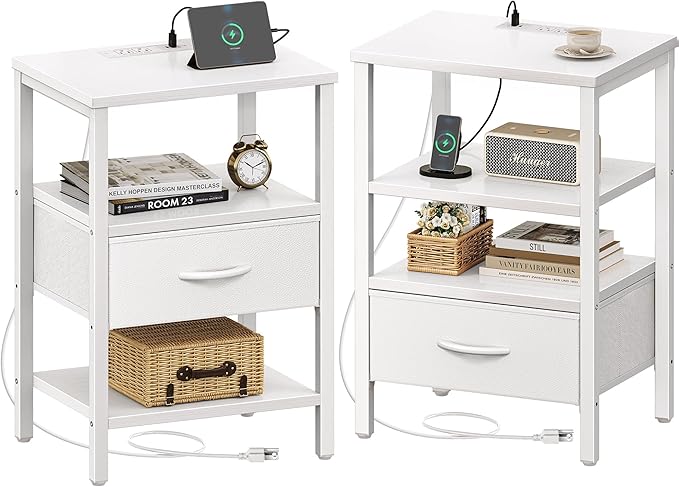 SUPERJARE Nightstand Set of 2, Bed Side Tables with Charging Station, Adjustable Fabric Drawer, Night Stand for Bedroom, 3-Tier Storage End Tables, White, 8694WC