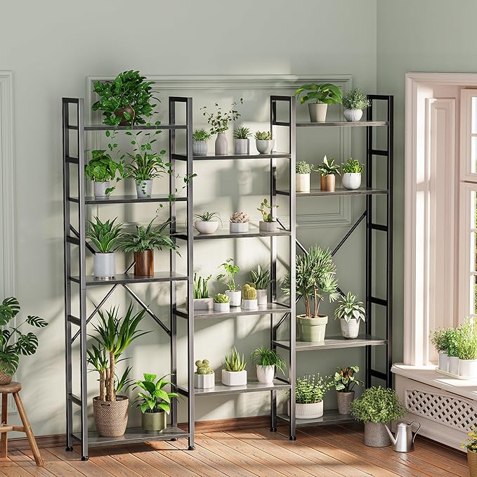 SUPERJARE Triple Bookshelf, Bookcase with 14 Open Display Shelves, Wide Book Shelf Book Case for Home & Office, 5 Tier, Grey