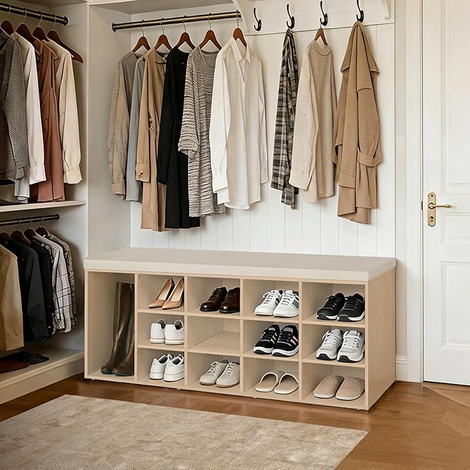 DINZI LVJ Shoe Storage Bench with Cushion, 15-Cubby Shoe Rack, Adjustable Shelves, Long Shoe Organizer Bench for Entryway, Mudroom, Hallway, Living Room, Bedroom and Garage, Natural