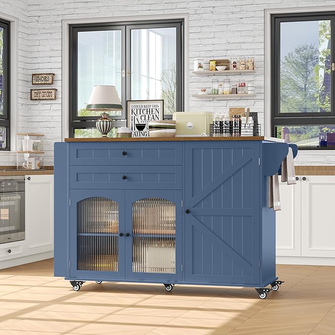FINETONES Kitchen Island with Storage, Rolling Kitchen Island on Wheels with Wood Drop Leaf Countertop, Island Table Bar Cart with Spice Towel Rack Portable Kitchen Table Kitchen Carts on Wheels, Blue