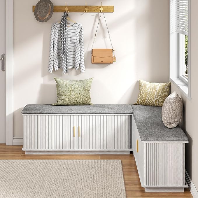 L Shaped Breakfast Nook Bench with Cushion, Kitchen Corner Bench with Hidden Storage, Backless Corner Dining Benches for Kitchen Dining Room Entryway