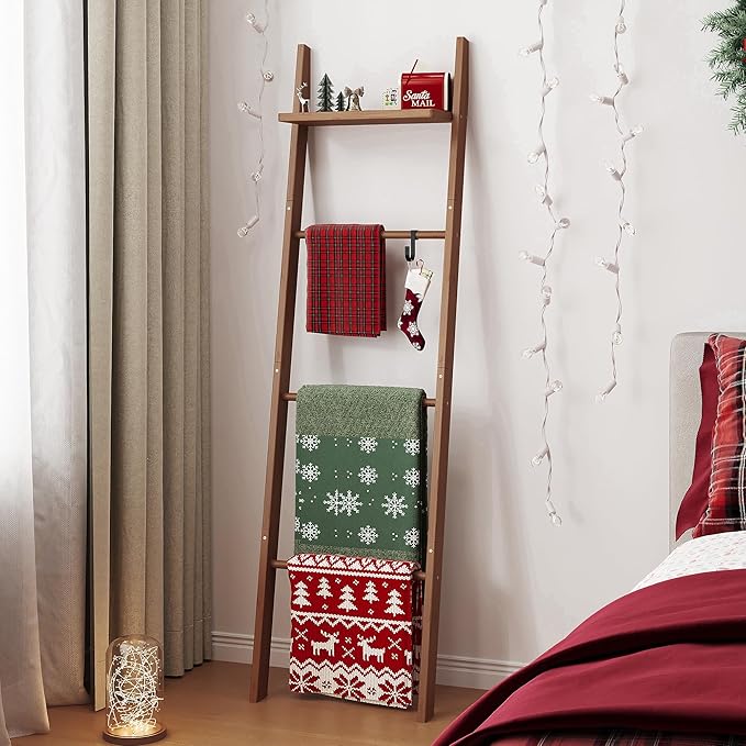 63" Bamboo Blanket Ladder with Shelf and 5 Hooks, 4 Tier Leaning Blanket Rack, Farmhouse Towel Ladder Rack, Decorative Quilt Rack Holder for Living Room Bedroom Bathroom, Walnut