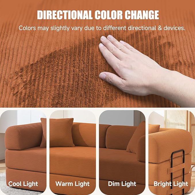 79" Convertible Boneless Couch for Small Spaces, 6-in-1 Corduroy Sofa Bed with High Backrest, Pillows, High-Density Foam Loveseat Sleeper Couch in a Box for Living Room, No Assembly, Orange