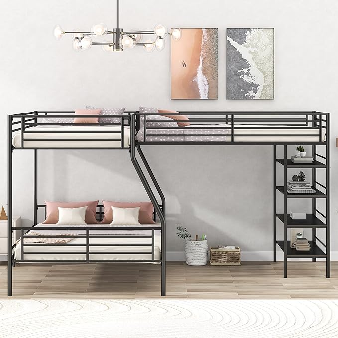 Bellemave Triple Bunk Beds, L-Shape Twin Over Full Bunk Bed Attached a Loft Bed with Desk, Triple Bunk Beds with Slide, Metal Corner Bunk Bed Frame for Three Kids Boys Girls Teens, Antique Black