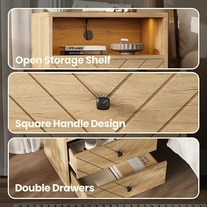 Modern Nightstand with Charging Station,LED Bedside Table with 2 Storage Drawers and Open Storage Cabinet,Wood Large End Table for Bedroom Furniture,Oak