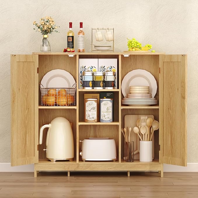 Iwell Rattan Storage Cabinet with 4 Adjustable Shelves, Coffee Bar Cabinet, Sideboard Buffet for Kitchen, Living Room, Entryway, Natural