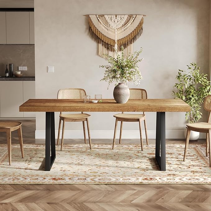 63" Industrial Dining Table for 4-6 People, Solid Wood Rectangular Kitchen Table with Heavy-Duty Metal Legs for Home, Dining Room, Small Space, Rustic Brown
