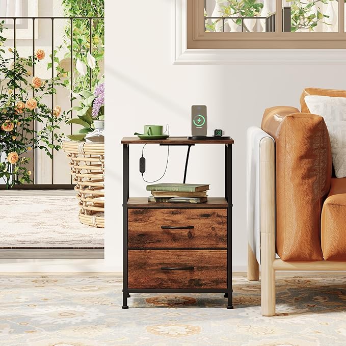 Somdot 2 Drawers Nightstand with Charging Station and LED Light for Bedroom, Small Dresser with Fabric Bins for Bedside Kids Dorm Room Closet Laundry Entryway, Wood Grain Print