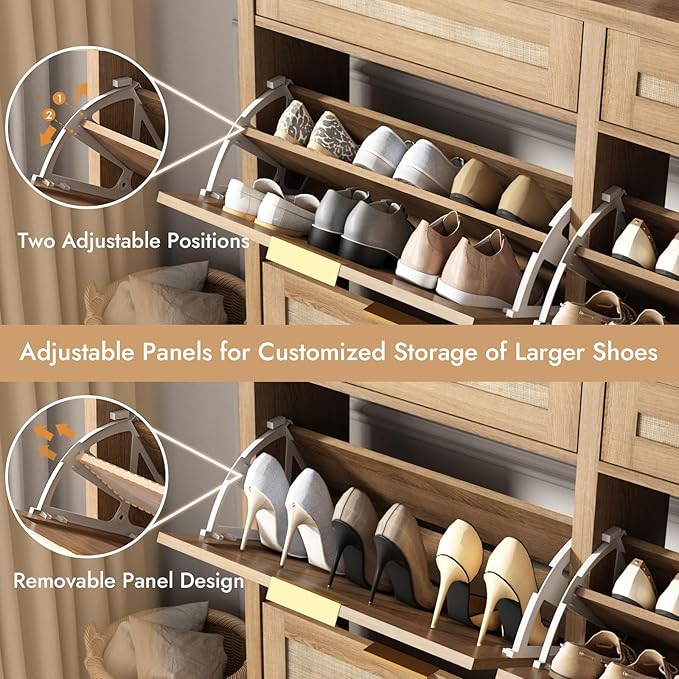 HOKYHOKY Large Rattan Shoe Storage Cabinet with 4 Flip Drawers & 2 Storages–Hidden Slim Shoe Organizer for Entryway, Large Tabletop Space, Farmhouse Boho Narrow Shoe Rack, Rustic Oak