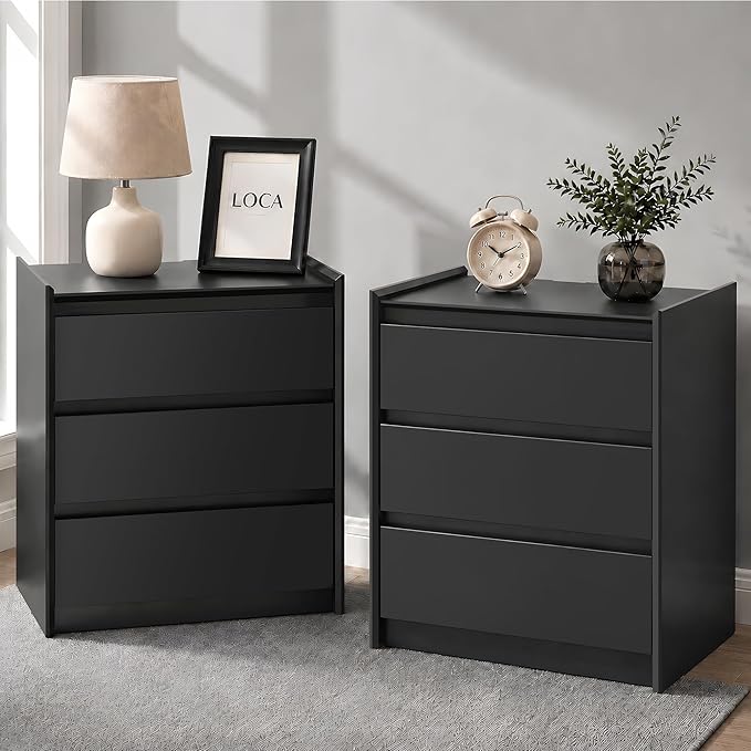 24" Tall Nightstand with Charging Station Including USB-C, Modern Bedside Table and Sofa End Table - Black, 3 Drawers, Set of 2