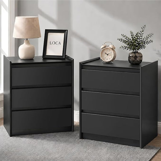 24" Tall Nightstand with Charging Station Including USB-C, Modern Bedside Table and Sofa End Table - Black, 3 Drawers, Set of 2