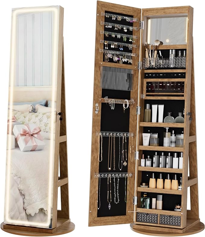 Zamildon's LED Mirror Jewelry Armoire, 360° Swivel Mirrored Jewelry Storage Cabinet with Interior LED Lights, Full Length Mirror Floor Standing Jewelry Organizer with Storage Shelves (Rustic Brown)