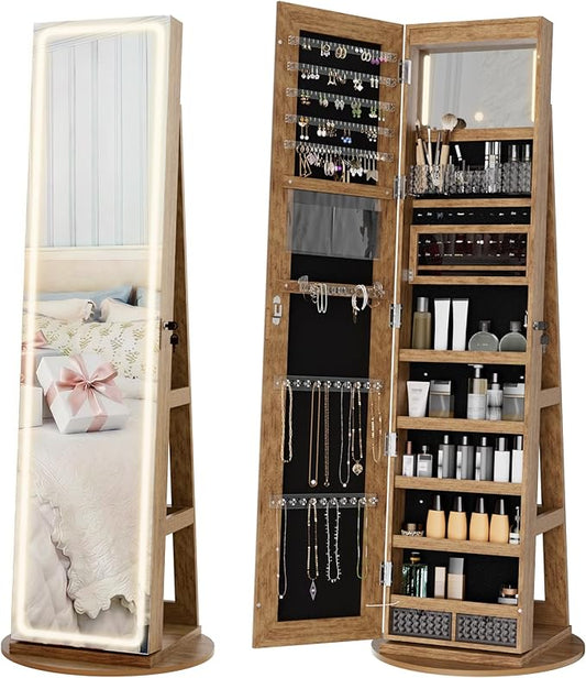 Zamildon's LED Mirror Jewelry Armoire, 360° Swivel Mirrored Jewelry Storage Cabinet with Interior LED Lights, Full Length Mirror Floor Standing Jewelry Organizer with Storage Shelves (Rustic Brown)