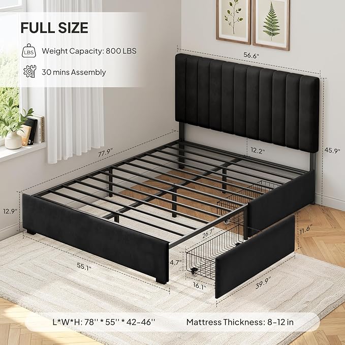 Welzona Bed Frame Full Size with Storage and Headboard, Velvet Upholstered Metal Platform Bed Frame with Vertical Tufted Headboard, 2 Storage Drawers, 3-Height Level, Noise Free Easy Assembly, Black