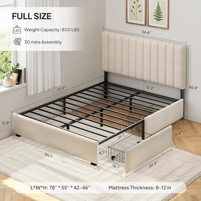 Welzona Full Bed Frame with Storage and Headboard, Velvet Upholstered Metal Platform Corner Bed Frame with Vertical Tufted Headboard, 2 Storage Drawer, 3-Height Level, Noise Free, Easy Assembly, White