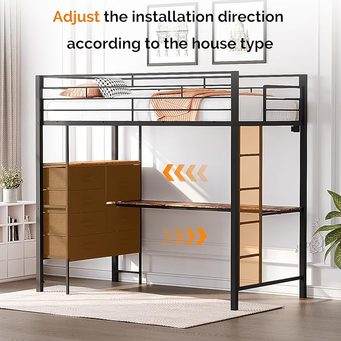 VINGLI Full Loft Bed 15 Inch Extra Tall Safety Guardrail, 7 Drawers Dresser, and Flat Rungs, LED High Double Sleeper with 2 Charging Stations,and Desk, Heavy Duty Space Saving Bed, Black