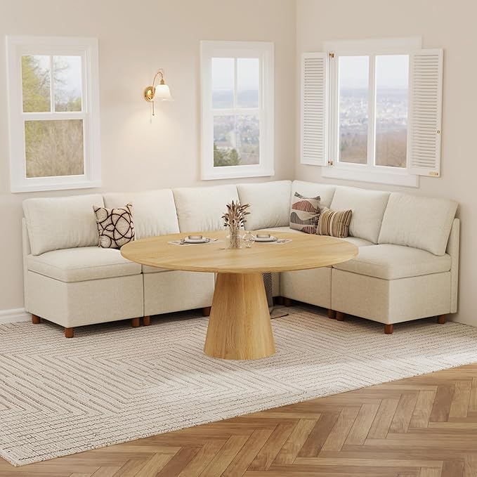 SITJOY Breakfast Nook Bench with Storage, Modular Corner Kitchen Banquette Seating, Dining Settee Couch, Upholstered Dining Bench with Back, Soft-to-Touch Fabric in Beige, 6-Seat L Shaped Nook