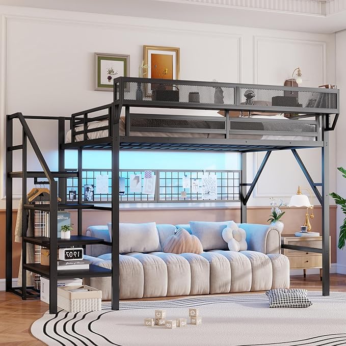 KEIKI Queen Size Metal Loft Bed Frame with Grid & Staircase & Built-in Storage Shelves & Wardrobe, Loft Bed with Solid Slats & Guardrail, No Box Spring Required, Easy Assembly, for Bedroom, Black