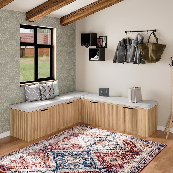 Mekminop Kitchen Breakfast Nook Bench, Backless Wood Corner Bench with Cushion Seat, L Shape Dining Bench with Hidden Storage Space, Natural Oak