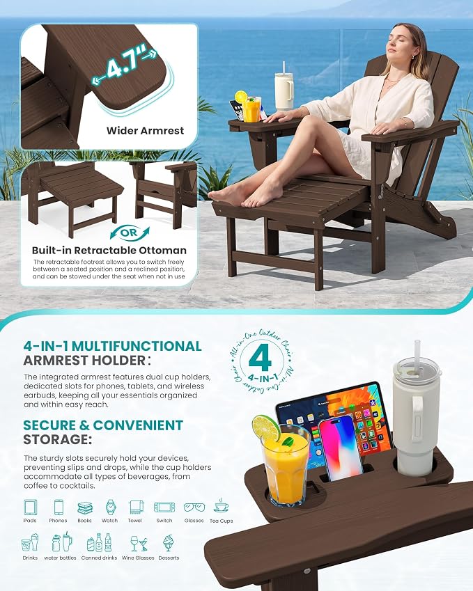 SERWALL Folding Adjustable Adirondack Chair with Footrest, HDPE Outdoor Chair with 4-in-1 Cup Holders, All Weather Adirondack Chair with Ottoman, Coffee