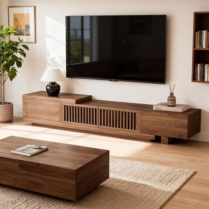 78.5"-105" Mid-Century Modern Extendable TV Stand, Walnut Media Console with 2 Drawers and 2 Cabinets, Fits TVs up to 100 Inches for Living Room or Bedroom
