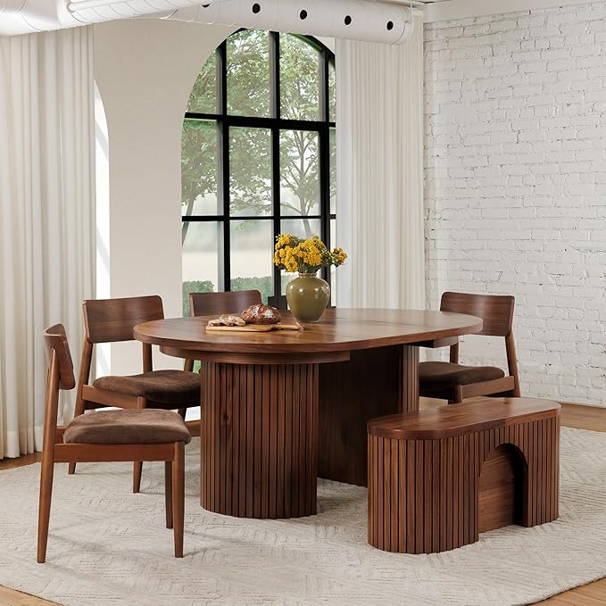 Transformer Table - Solid Wood Extendable Round Dining Table Set, Expandable Dining Table, Elegant and Functional Design, Perfect for Dining Room, Royal Brown (Table + Bench + 4 Chairs)