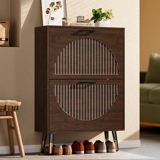 Farmhouse Shoe Cabinet Storage for Entryway, Slim Shoe Rack Cabinet with 2 Flip Drawers, Narrow Shoe Organizer Cabinet with Stylish Round Panel, Metal Leg and Handle