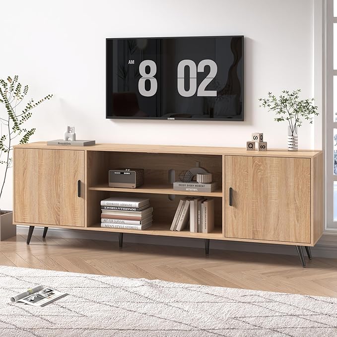 80 Inch Mid Century Modern TV Stand for 75 Inch TV, Wood TV Stand with Storage, Entertainment Center for Living Room Bedroom, TV Media Console, Oak