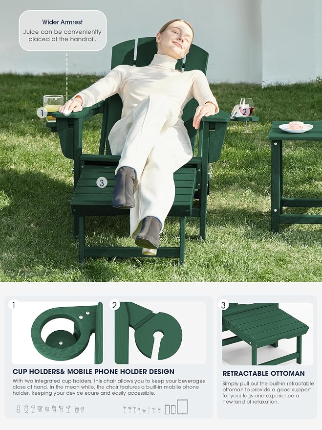KINGYES Folding Adjustable Adirondack Chair with Retractable Ottoman Set of 4, HDPE Adirondack Recliner Chair with Footrest, Green