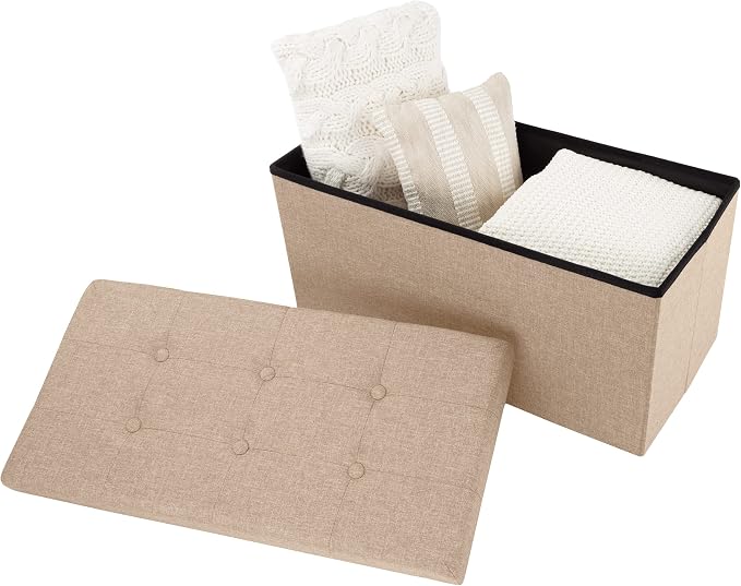 Lavish Home Folding Storage Ottoman - 30-Inch Tufted Footrest, Linen Chest, or Bench with Removable Bin for Living Room, Bedroom, or Dorm (Beige)