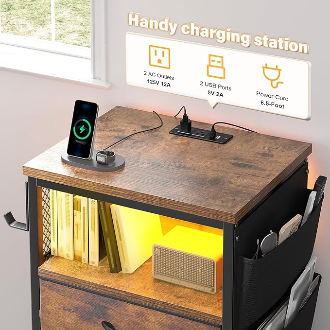 EnHomee Nightstands Set of 2 with 5 Drawers, Dresser with Charging Station and LED Light, Tall Nightstand with Extra Side Bag & Hooks, Bedroom, Closet, Hallway, Entryway, Rustic Brown
