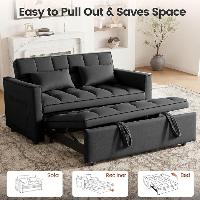 Pull Out Couch, Loveseat Sleeper Sofa Bed with Side Pockets, 3 in 1 Velvet Fabric Convertible Sofa Bed with Adjustable Backrest for Living Room, Bedroom, Apartment, Black