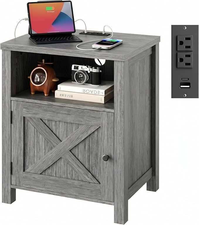 Marsail Farmhouse Nightstand, Wood Bedside Table with Charging Station, Night Stand with Shelf and Doors, End Table with Storage Side Table for Bedroom, Dark Grey (1 Pack)
