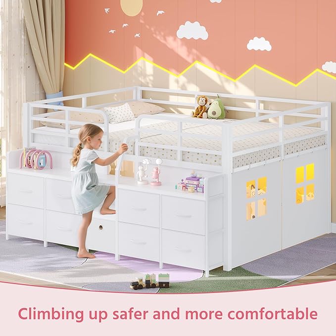 Dnxao Low Loft Bed Full Size with 9 Storage Drawers, Metal Kids Full Size Loft Bed Frame with Bookcase LED Lights & Charging Station, Space-Saving Under-Bed Secret Play Fort Bedframe, White