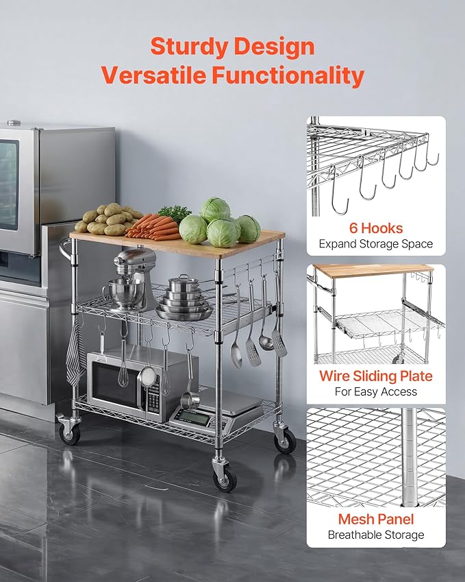 VEVOR Kitchen Utility Cart, 3 Tier Heavy Duty Adjustable Wire Storage Rack with Wood Tabletop and Handle Bar, Rolling Portable Service Trolley on Wheels, 661 lbs Steel Work Table, 30x18x36 in