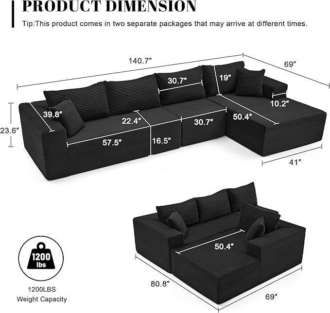 Mangodan 140” Cloud Sectional Couch, Boneless Sofa for Living Room, Modular Sectional Sofa with Deep Seat, Comfy Fluffy L-Shaped Couch with Right-Facing Chaise, No Assembly Required, Black