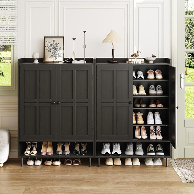 ComfyCorner Black 7+1 Tier Farmhouse Shoe Storage Cabinet - 45" Tall Entryway Organizer with Cross Molding Doors, 3 Adjustable Shelves & Metal Legs, Shoe Rack for Front Door Entrance