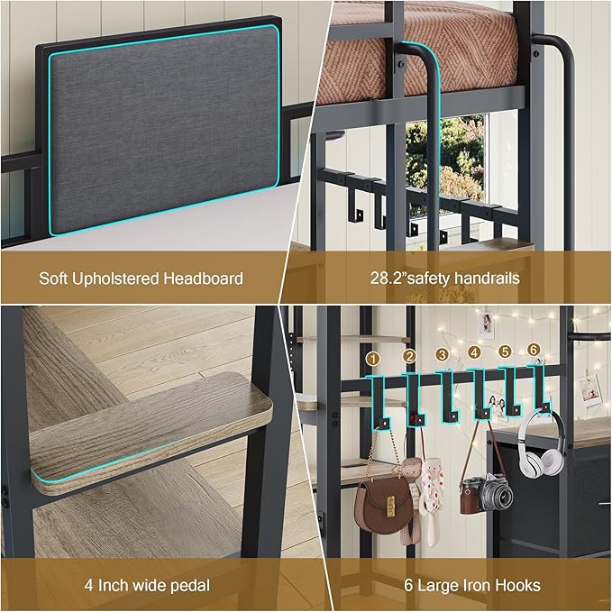 BYSAUD Full Size Loft Bed, Loft Bed with Desk, Full Loft Bed, 6 Storage Drawers & 4 Storage Shelves & 2 Storage Bags, LED Lights & Charging Station, Safety Guard & Ladder, Noise Free, Oak Gray