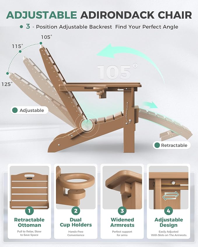 Adjustable Adirondack Chairs Set of 6 with Retractable Ottoman, HDPE Folding Adirondack Chair with Cup Holders, Weather Resistant for Backyard, Poolside & Fire Pit (Teak)