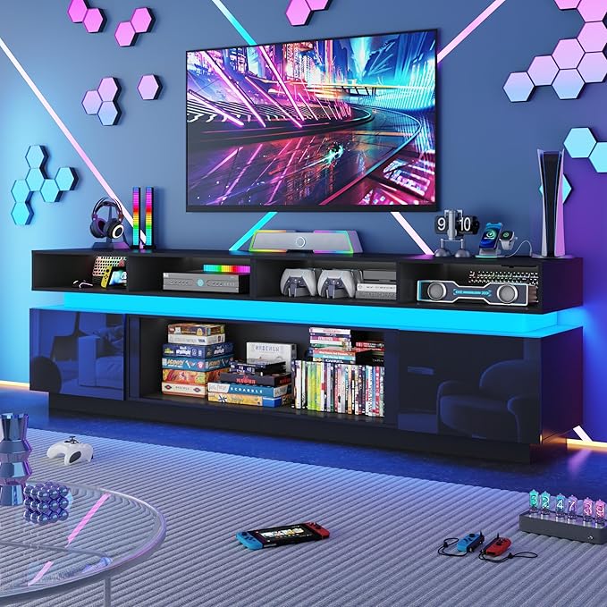 chartustriable LED TV Stand for 100 Inch TV, Modern Tall Entertainment Center with Power Outlets, High Gloss TV Stand, Gaming TV Media Console for Living Room, 93 Inch, Black