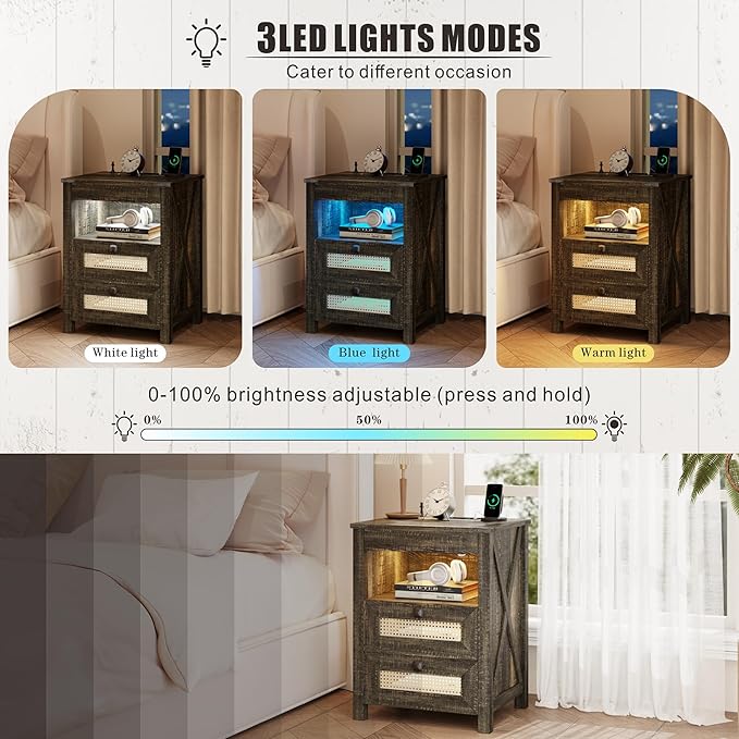 Night Stand with Gun Drawer, Bedside Table with Charger Station & LED Human Sensor Light, Gun Nightstand End Tables Bedroom Living Room, Rustic