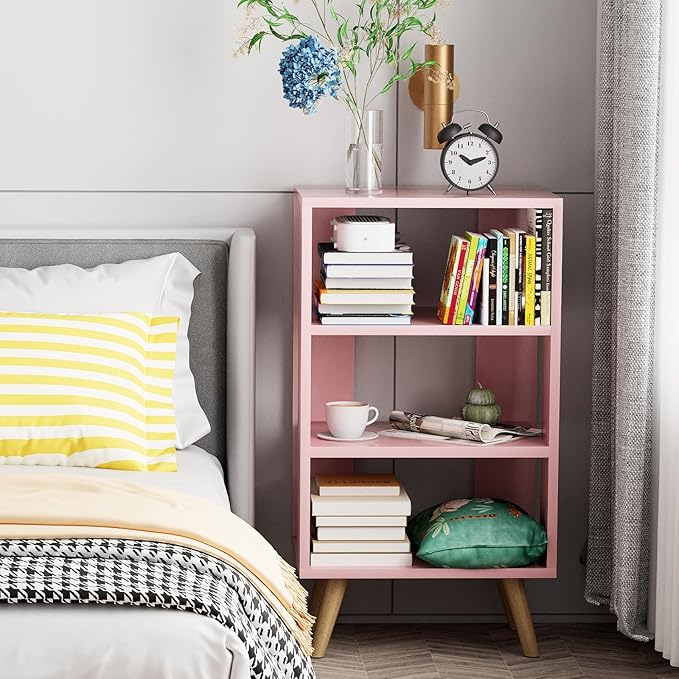 Aenuert Night Stand, Pink Nightstand, Modern End Table with Open Storage, 3-Tier Wooden Bedside Table for Small Space, Living Room, Bedroom