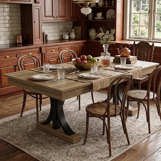 Garvee 71-Inch Dining Table with 2 Drawers,Rectangular Dining Table for 6-8 with Double Pedestal & Sturdy Frame, Industrial Wooden Kitchen Table with Large Tabletop, for Dinner, Natural