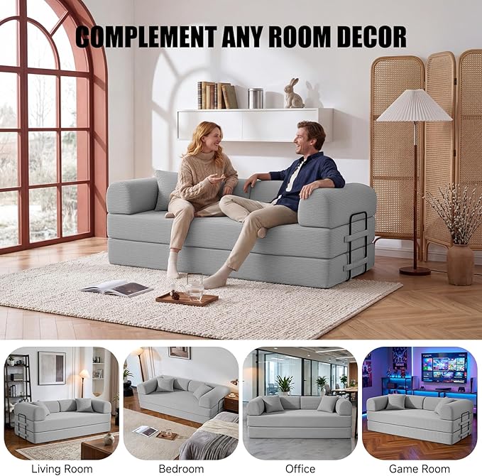 79" Compressed Sofa, Convertible Sofa Bed, Corduroy Compression Boneless Couch with Pillow, Comfy Modular Foldable Floor Sleeper Sofa for Bedroom, Living Room, Lounge, Studio (Light Gray)