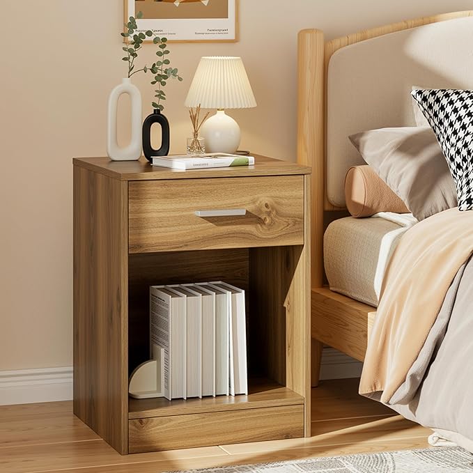FOTOSOK Nightstand Set of 2, Wood Night Stand Side Table with Drawer and Storage Shelf, Bedside Table End Table, Night Stand for Bedroom, Home Office,Wooden Grain
