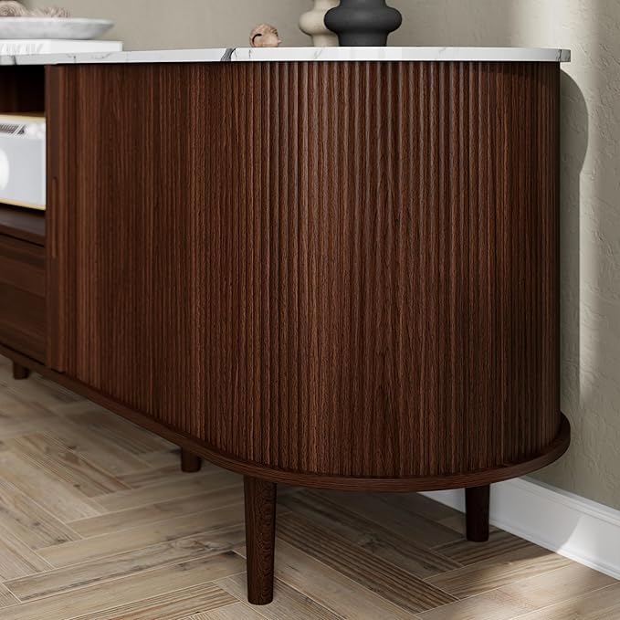 DHH 71" Fluted TV Stand with Power Outlet for TVs up to 80", TV Console with Adjustable Shelves and Sliding Door,Mid Century Modern Entertainment Center for Living Room,Bedroom (Walnut+Marble)