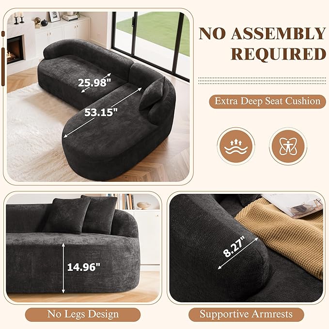 99" Curved Sectional Sofa with Chaise, Modern Boneless Couch with Deep Seat, L Shaped 3-Seater Cloud Couch for Living Room, No Assembly Needed, Chenille (Black, Right Chaise+Left Sofa)