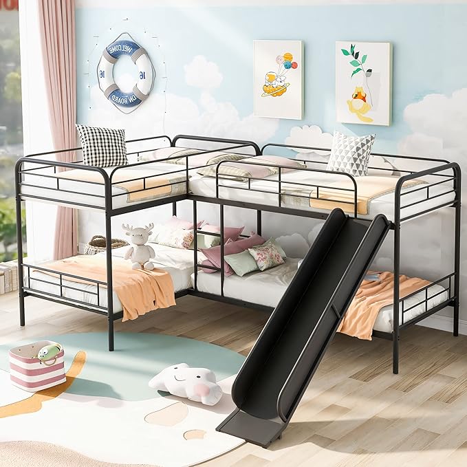 Bellemave Quad Bunk Beds with Slide L-Shape Bunk Bed for 4 Twin Over Twin Metal Bunked Frame for Kids Boys Girls Teens, Black