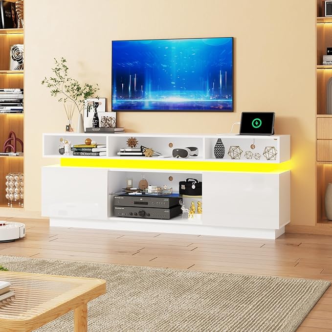 chartustriable LED TV Stand for 80 Inch TV, Modern Tall Entertainment Center with Power Outlets, High Gloss TV Stand, Gaming TV Media Console with Glass Shelf for Living Room, 71 Inch, White
